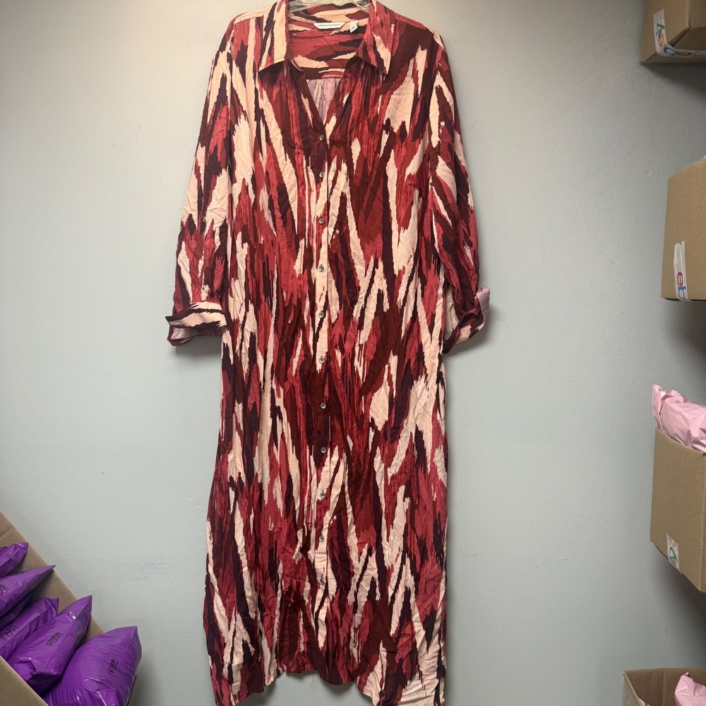 Canyon Retreat Maxi Shirt Dress Womens 3XP Burgundy Ikat Print Excellent